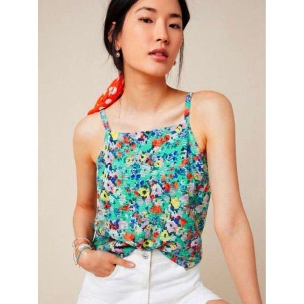 NEW MAEVE Anthropologie Womens 12 Quinn Green Floral Textured Cami Tank Top